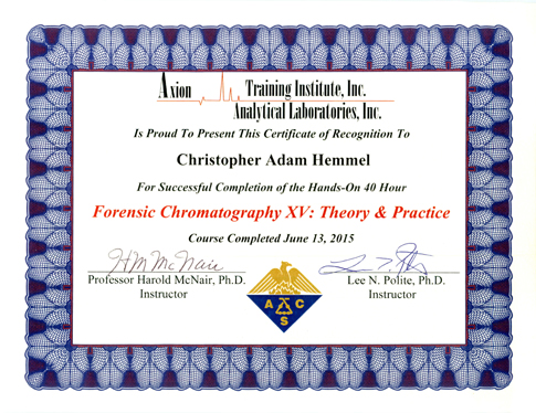 Delaware County DUI Lawyer Christopher Hemmel Certification in Gas Chromatography